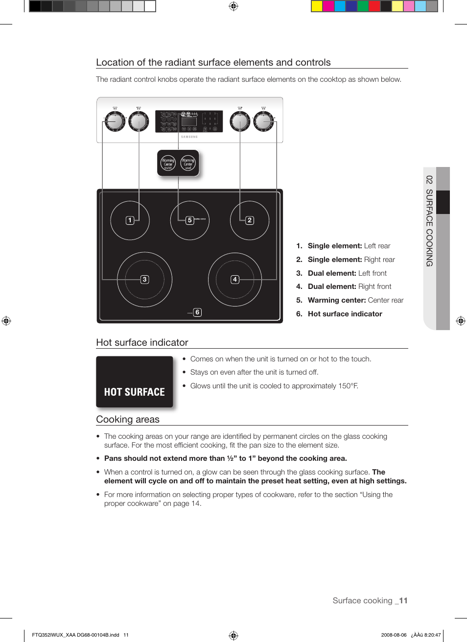 Hot surface indicator, Cooking areas | Samsung FTQ352IWUB User Manual | Page 11 / 56