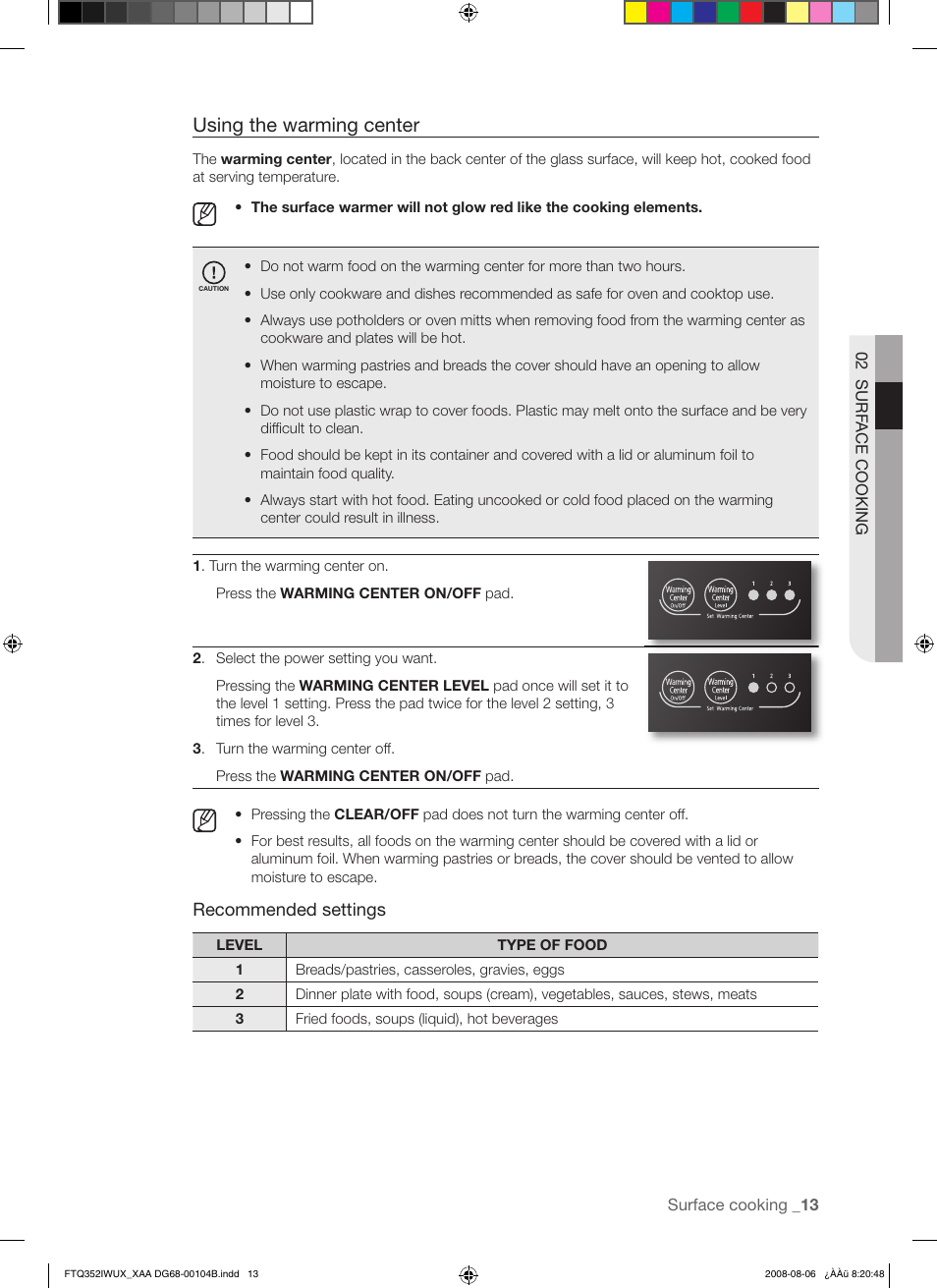 Using the warming center | Samsung FTQ352IWUB User Manual | Page 13 / 56