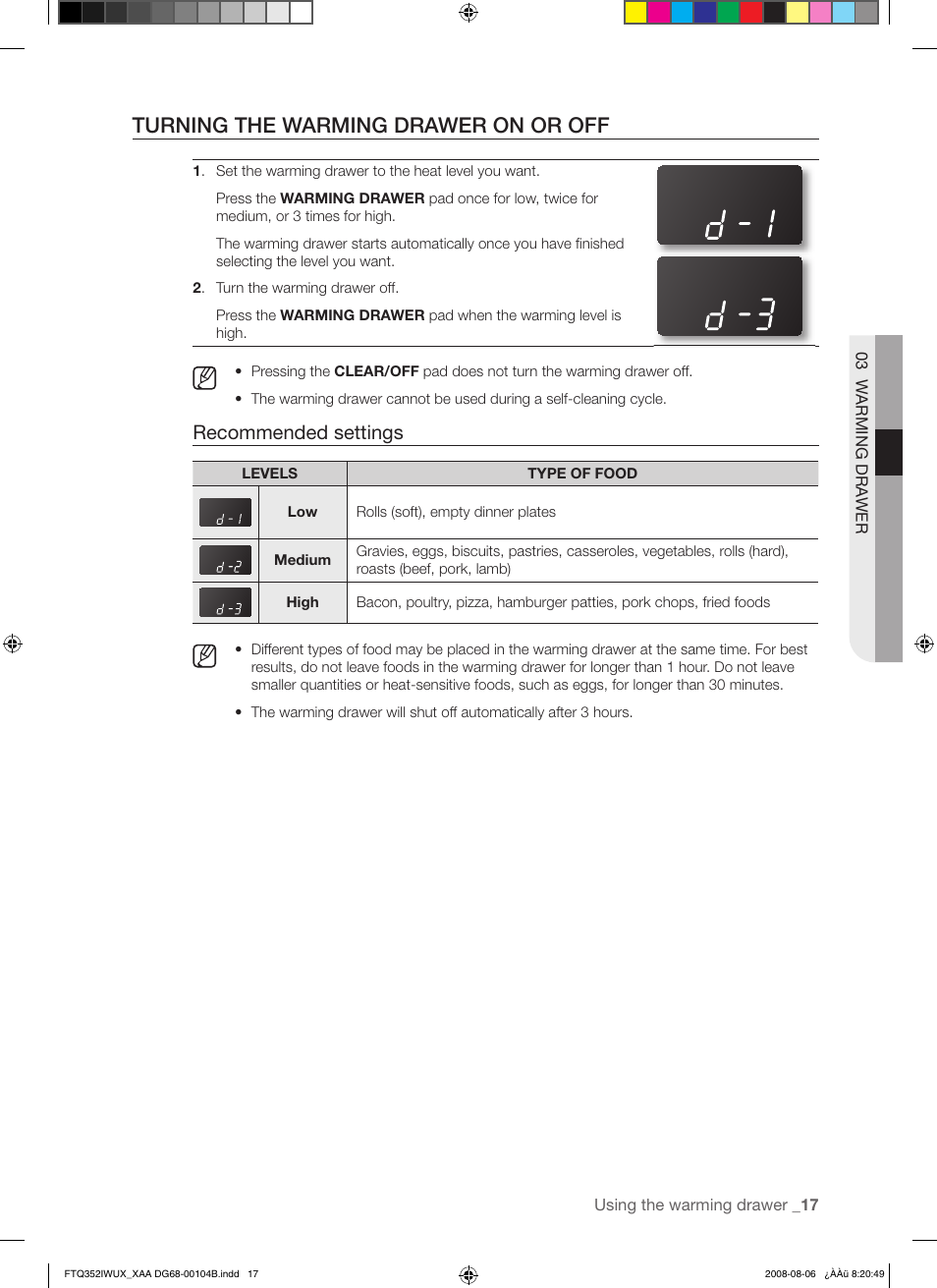 Turning the warming drawer on or off, Recommended settings | Samsung FTQ352IWUB User Manual | Page 17 / 56