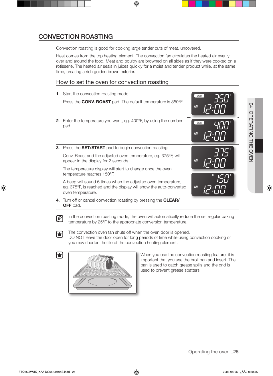 Convection roasting, How to set the oven for convection roasting | Samsung FTQ352IWUB User Manual | Page 25 / 56