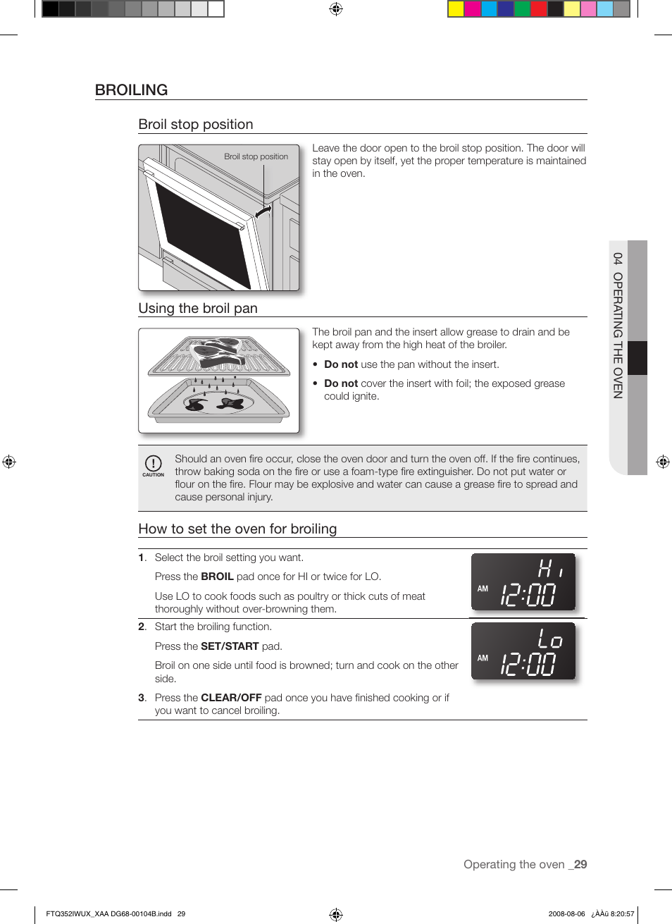 Broiling, Broil stop position, Using the broil pan | How to set the oven for broiling | Samsung FTQ352IWUB User Manual | Page 29 / 56
