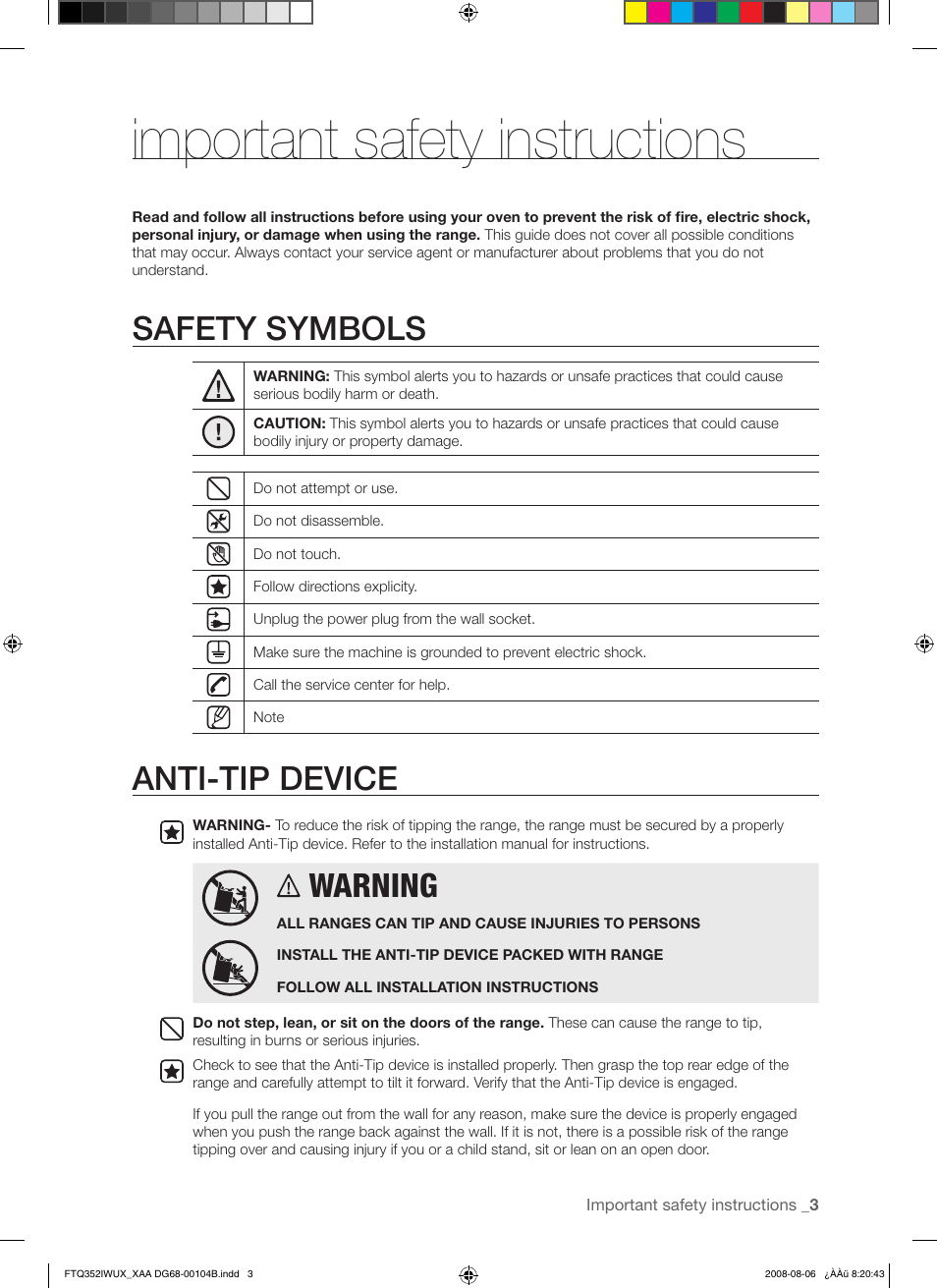 Important safety instructions, Safety symbols, Anti-tip device | Warning | Samsung FTQ352IWUB User Manual | Page 3 / 56