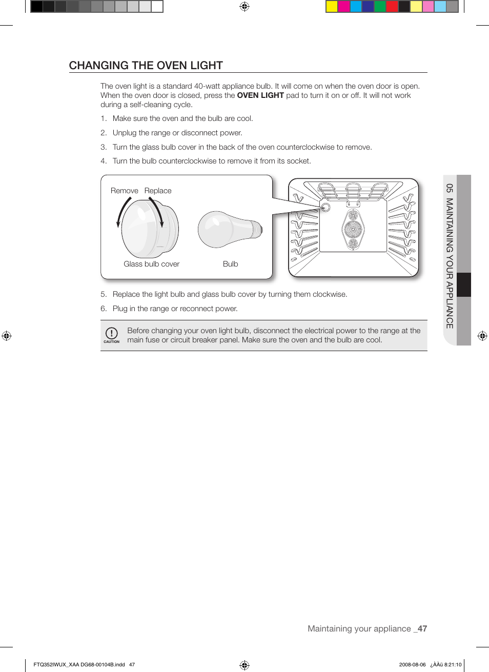Changing the oven light | Samsung FTQ352IWUB User Manual | Page 47 / 56