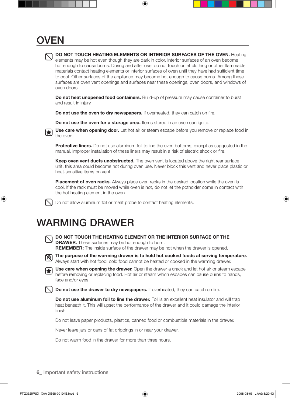 Oven, Warming drawer | Samsung FTQ352IWUB User Manual | Page 6 / 56