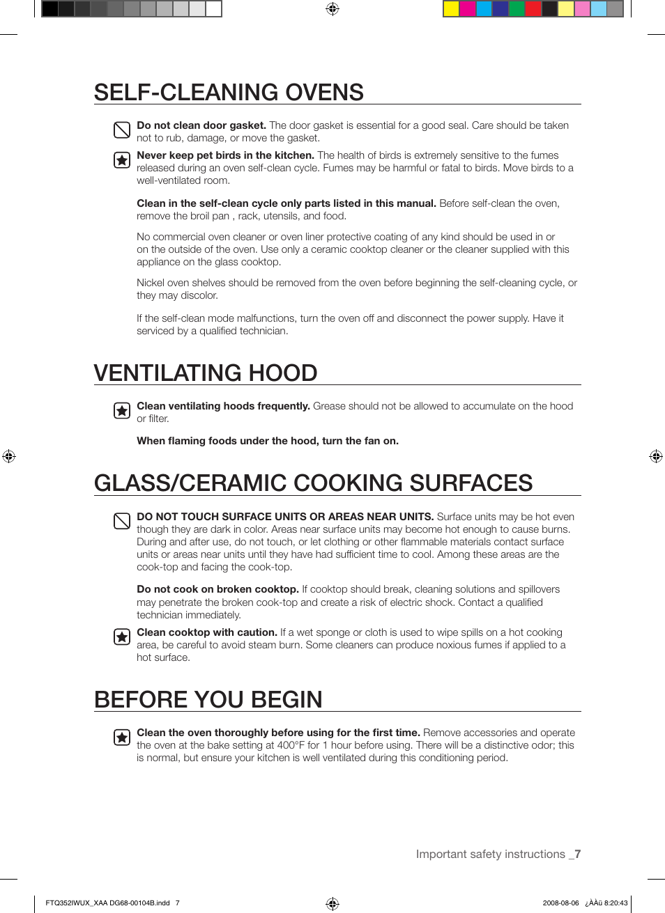 Self-cleaning ovens, Ventilating hood, Glass/ceramic cooking surfaces | Before you begin | Samsung FTQ352IWUB User Manual | Page 7 / 56
