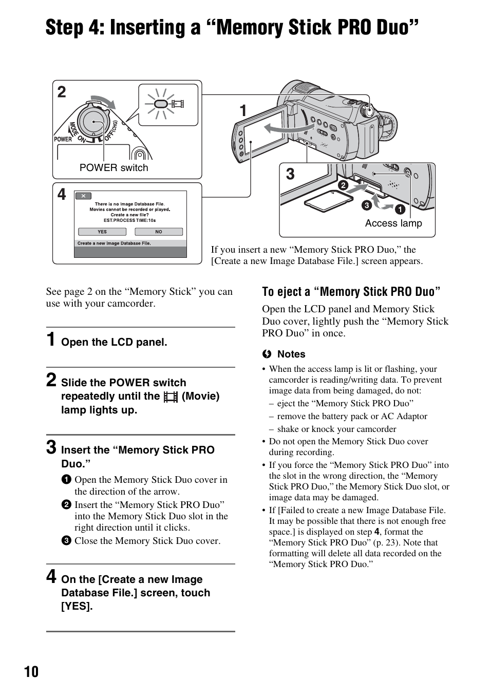 Step 4: inserting a “memory stick pro duo, P. 10) | Samsung HDR-CX6EK User Manual | Page 10 / 36