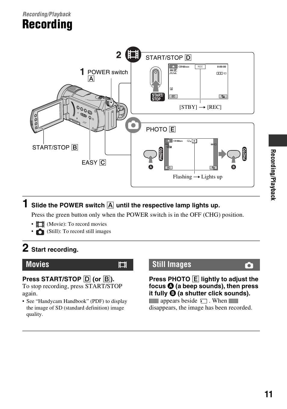 Recording/playback, Recording, Movies still images | Samsung HDR-CX6EK User Manual | Page 11 / 36