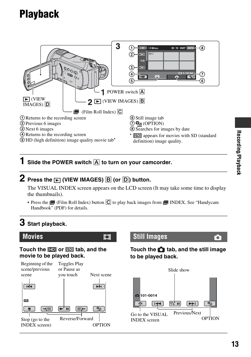 Playback, Movies, Still images | Samsung HDR-CX6EK User Manual | Page 13 / 36