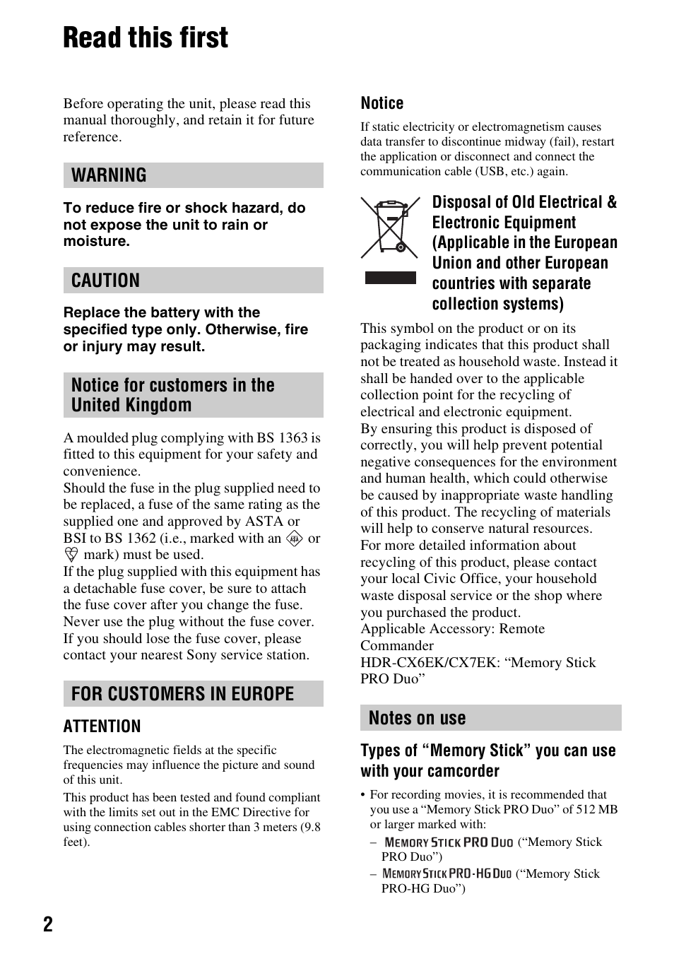 Read this first, Notes on use | Samsung HDR-CX6EK User Manual | Page 2 / 36