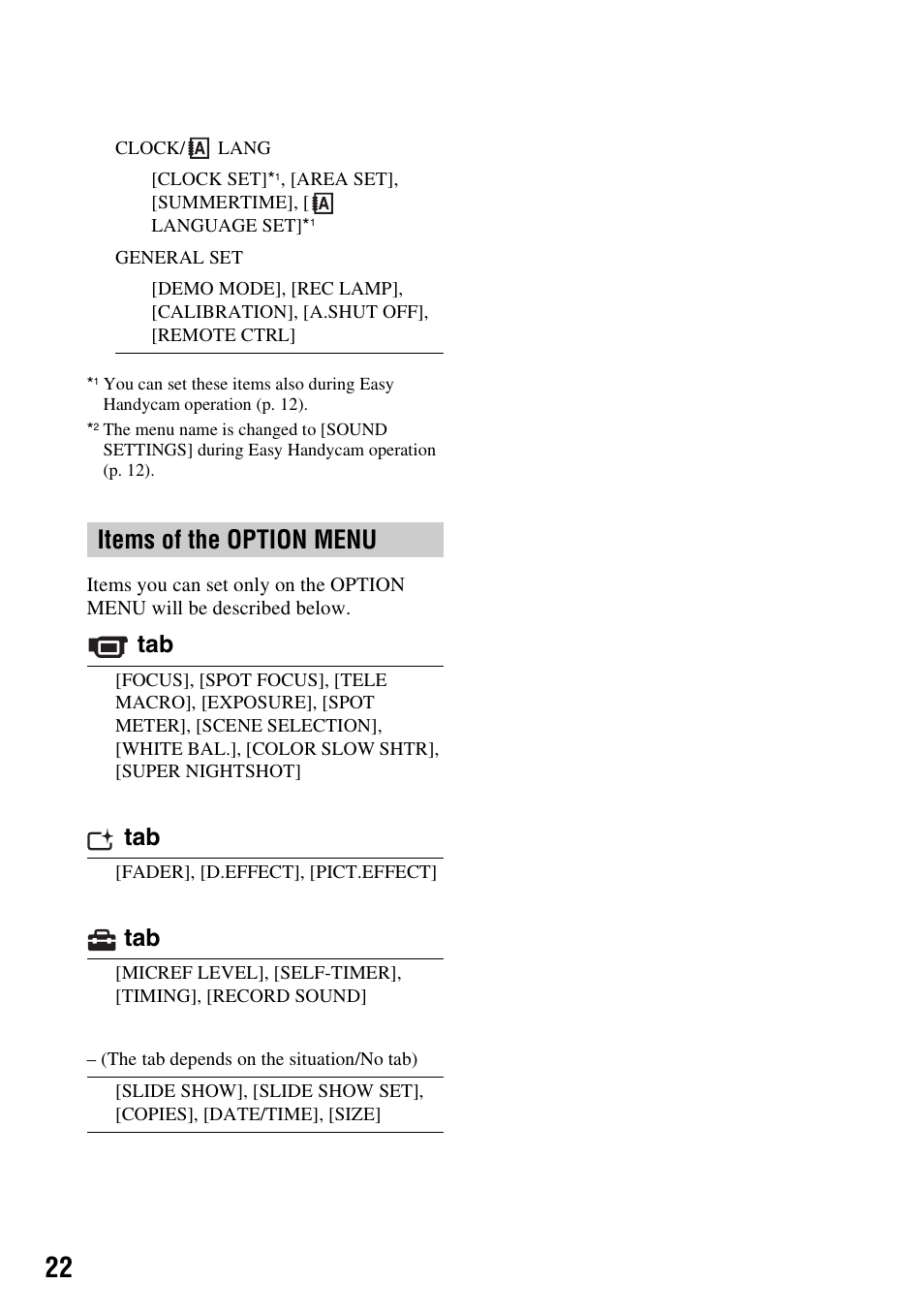 Items of the option menu | Samsung HDR-CX6EK User Manual | Page 22 / 36