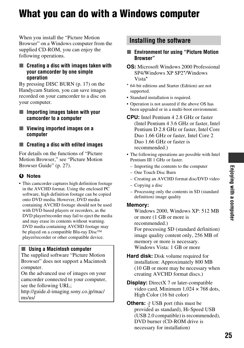 What you can do with a windows computer, Installing the software | Samsung HDR-CX6EK User Manual | Page 25 / 36