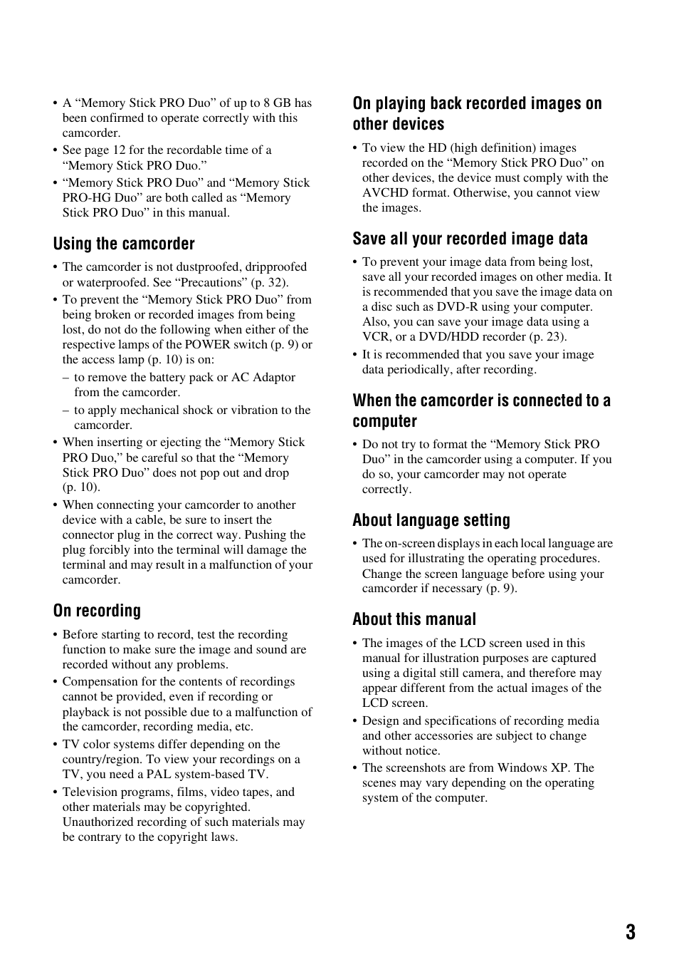 Using the camcorder, On recording, On playing back recorded images on other devices | Save all your recorded image data, When the camcorder is connected to a computer, About language setting, About this manual | Samsung HDR-CX6EK User Manual | Page 3 / 36