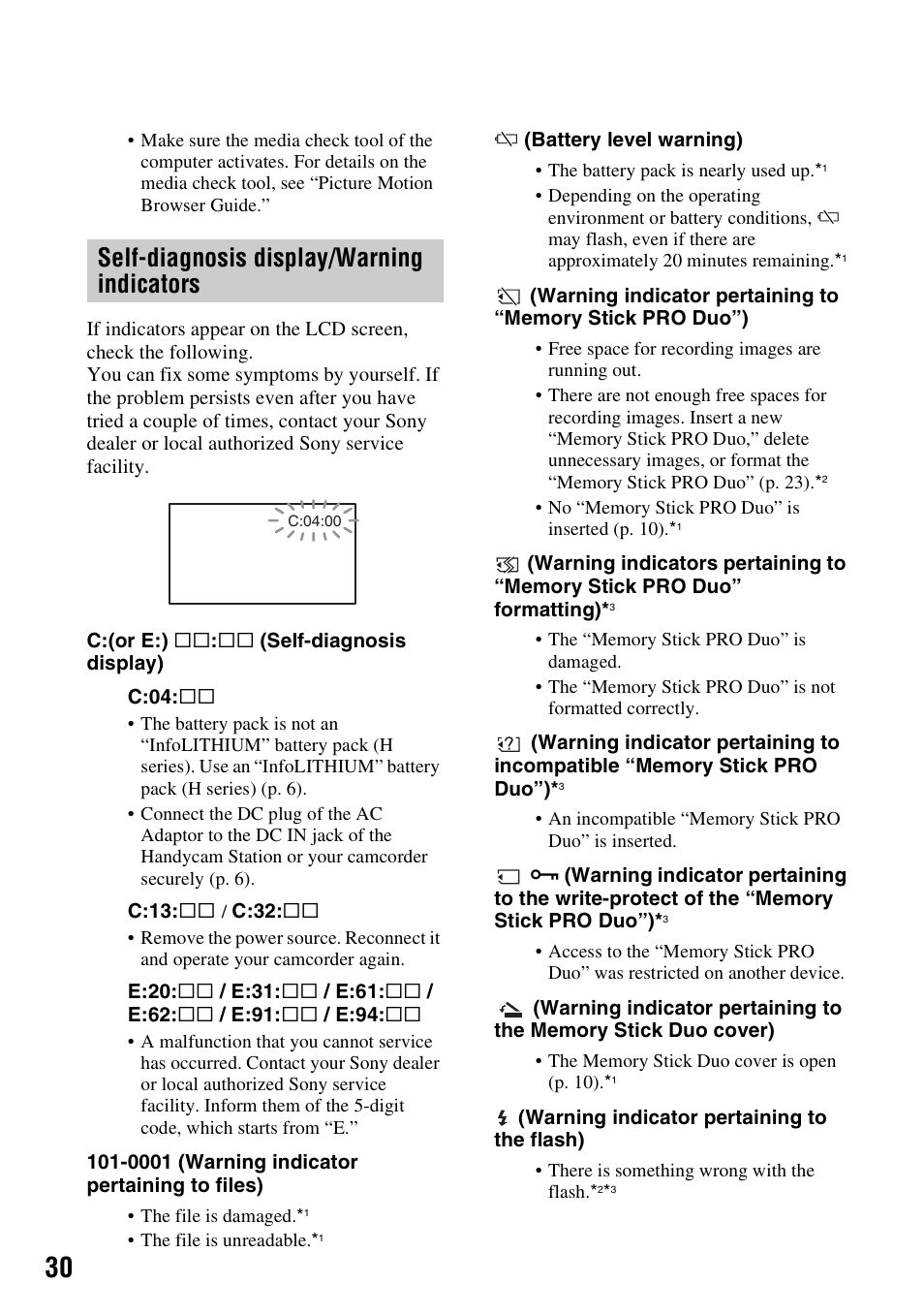 Self-diagnosis display/warning indicators | Samsung HDR-CX6EK User Manual | Page 30 / 36