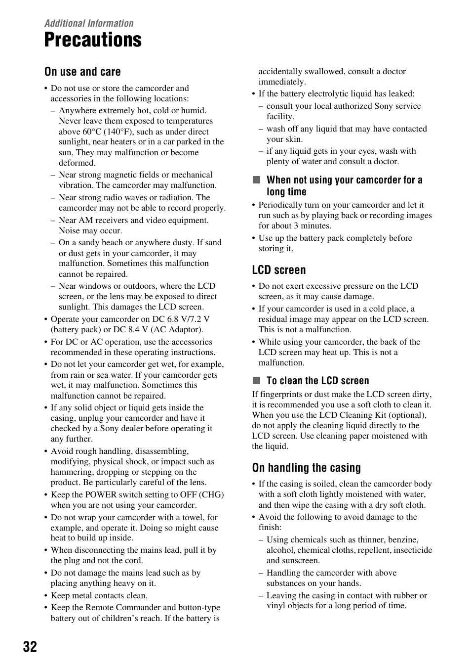 Additional information, Precautions, Ed. see “precautions” (p. 32) | On use and care, Lcd screen, On handling the casing | Samsung HDR-CX6EK User Manual | Page 32 / 36