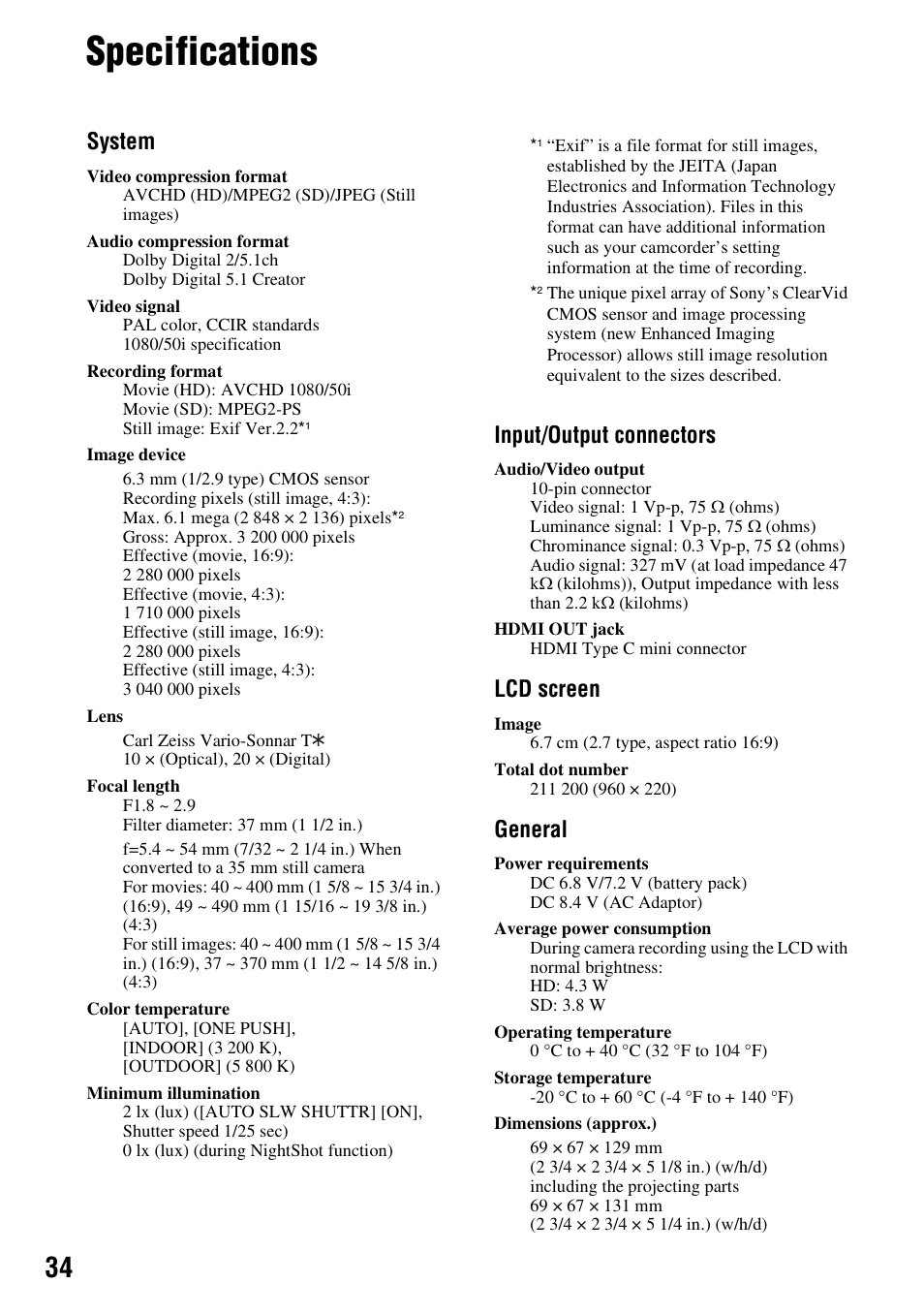 Specifications, System, Input/output connectors | Lcd screen, General | Samsung HDR-CX6EK User Manual | Page 34 / 36
