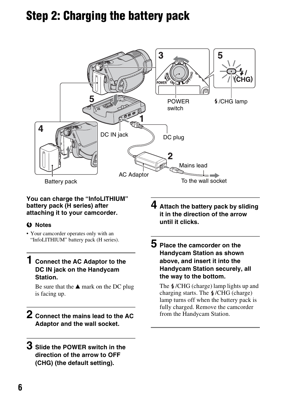 Step 2: charging the battery pack, P. 6), Ad (1) (p. 6 | P. 6 | Samsung HDR-CX6EK User Manual | Page 6 / 36