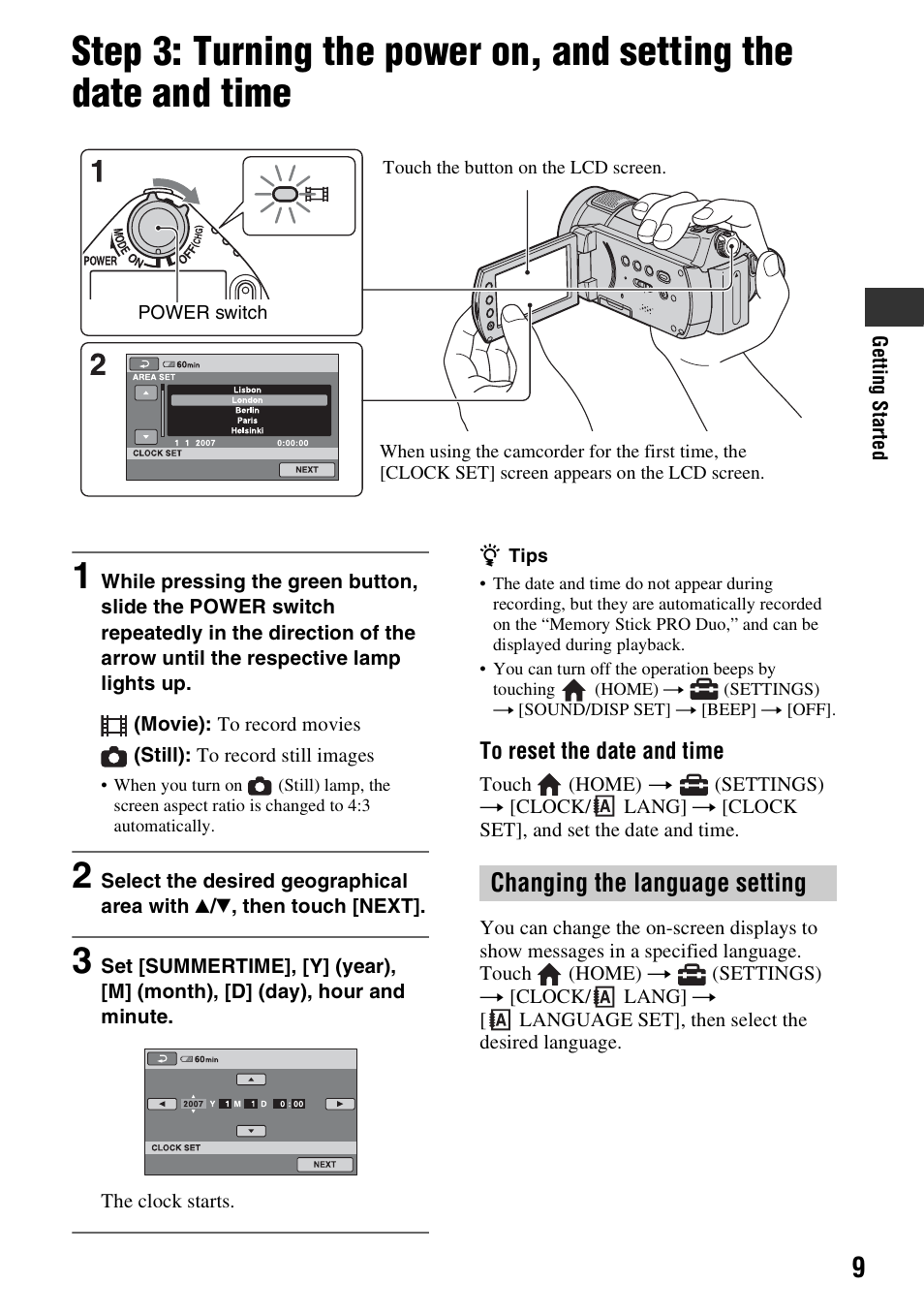 Changing the language setting, P. 9) or, Y (p. 9) | Samsung HDR-CX6EK User Manual | Page 9 / 36