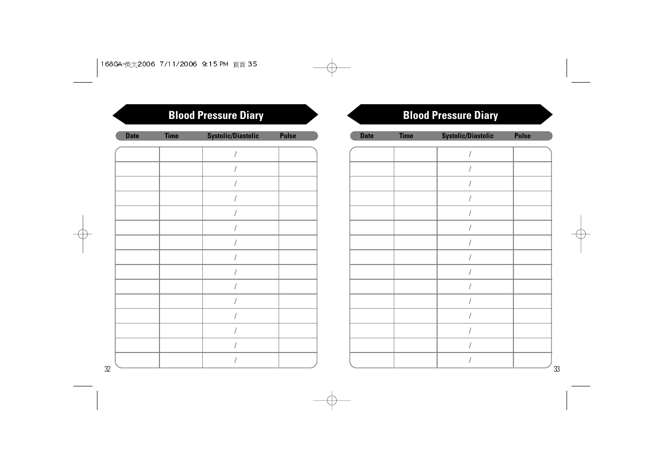 Blood pressure diary | Samsung SSN-414W User Manual | Page 17 / 34