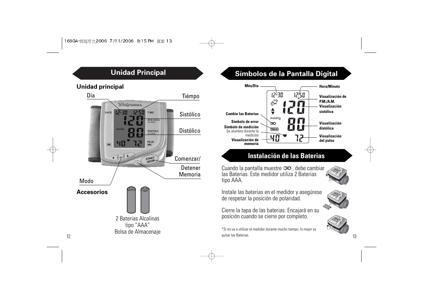 Unidad principal, Símbolos de la pantalla digital, Instalación de las baterias | Samsung SSN-414W User Manual | Page 24 / 34