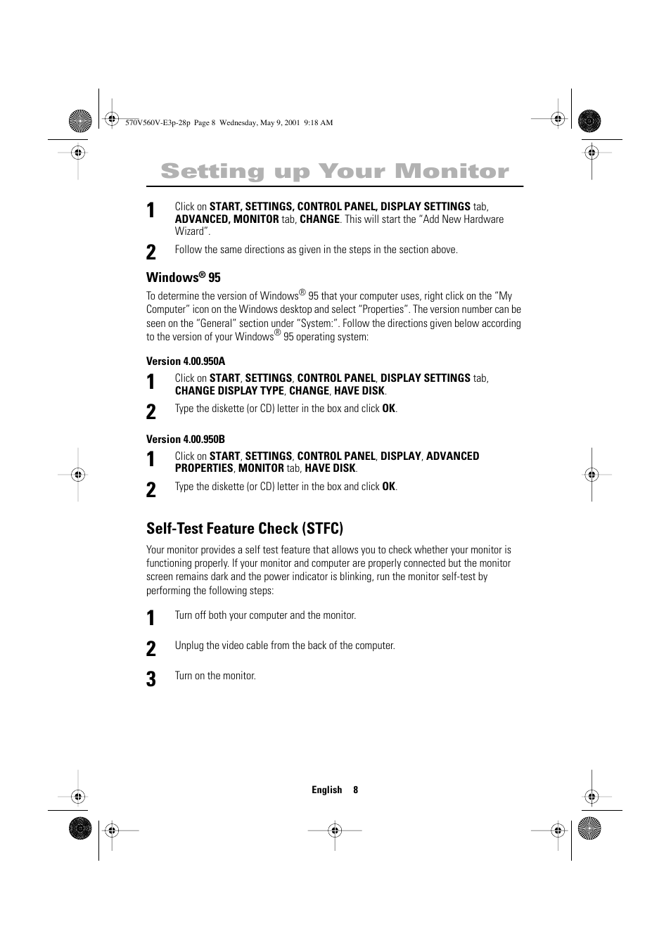 Setting up your monitor, Self-test feature check (stfc) | Samsung 570VTFT User Manual | Page 10 / 33