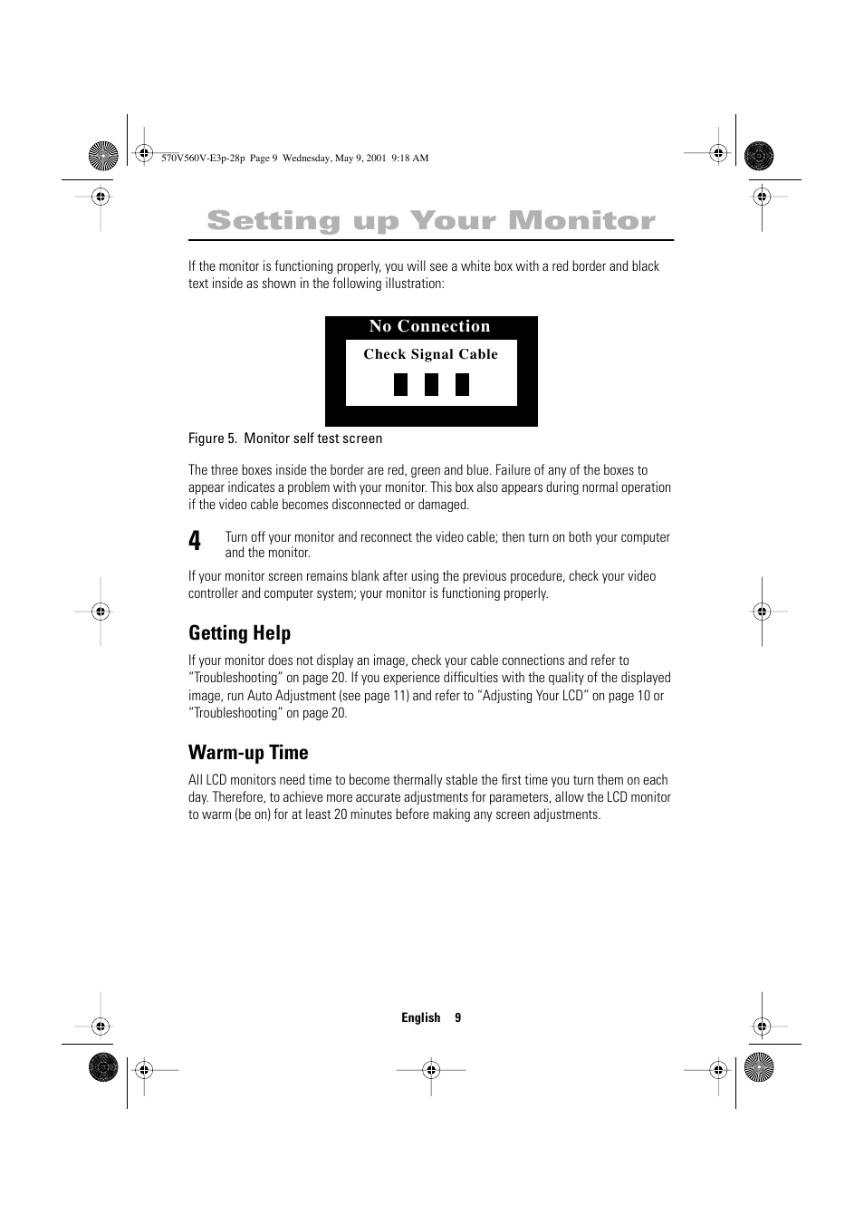 Setting up your monitor, Getting help, Warm-up time | Samsung 570VTFT User Manual | Page 11 / 33