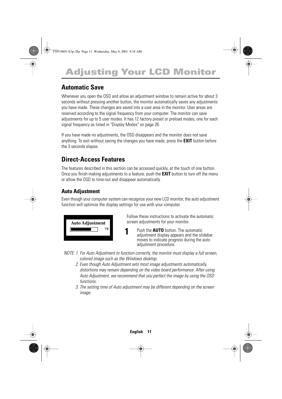 Adjusting your lcd monitor, Automatic save, Direct-access features | Samsung 570VTFT User Manual | Page 13 / 33