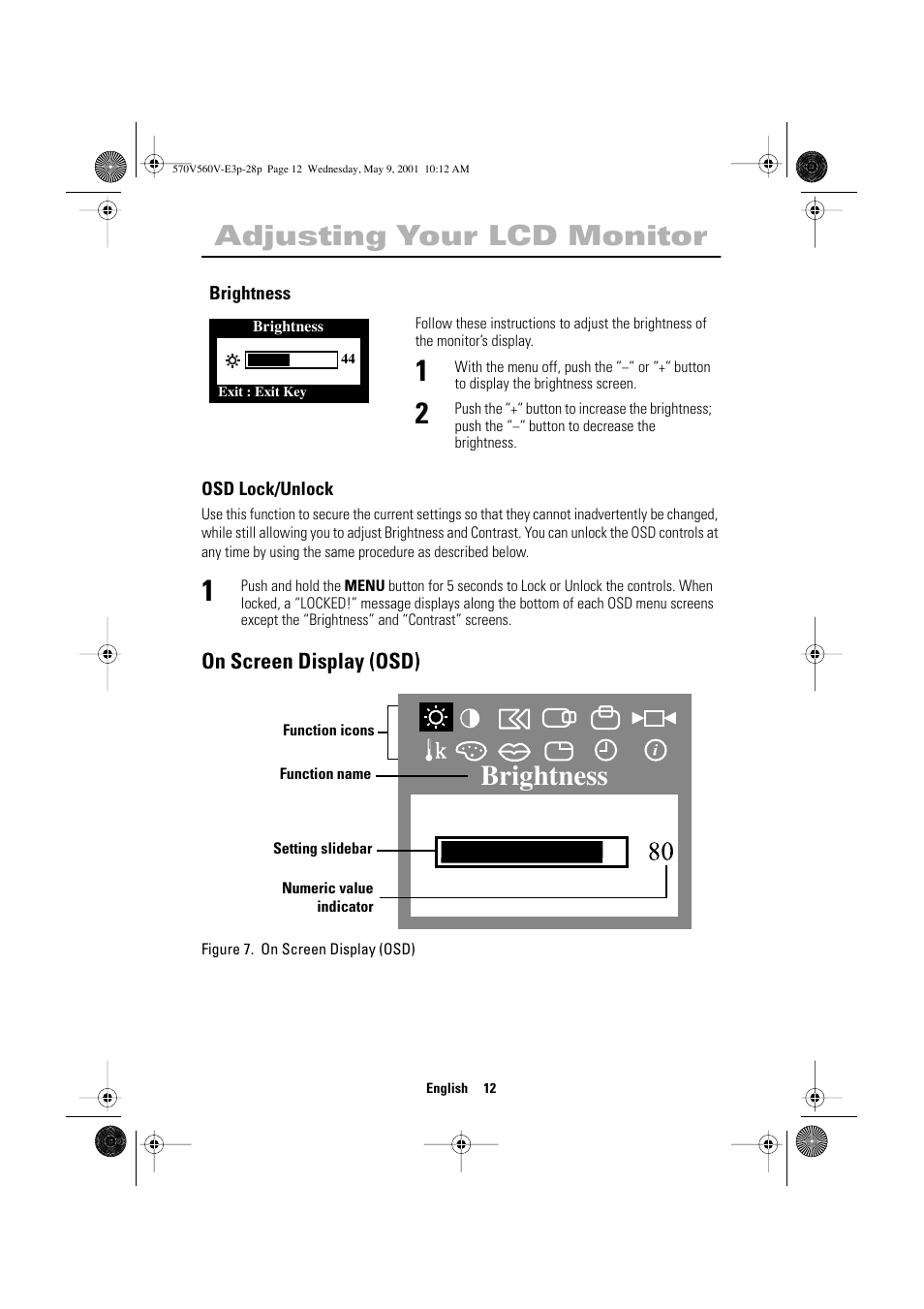 Brightness, Adjusting your lcd monitor, On screen display (osd) | Samsung 570VTFT User Manual | Page 14 / 33