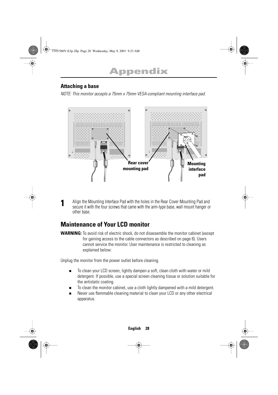 Appendix, Maintenance of your lcd monitor | Samsung 570VTFT User Manual | Page 30 / 33