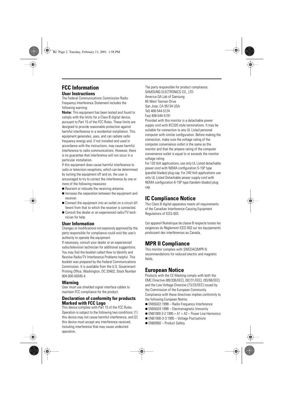 Regulatory information, Fcc information, Ic compliance notice | Mpr ii compliance, European notice | Samsung 570VTFT User Manual | Page 32 / 33