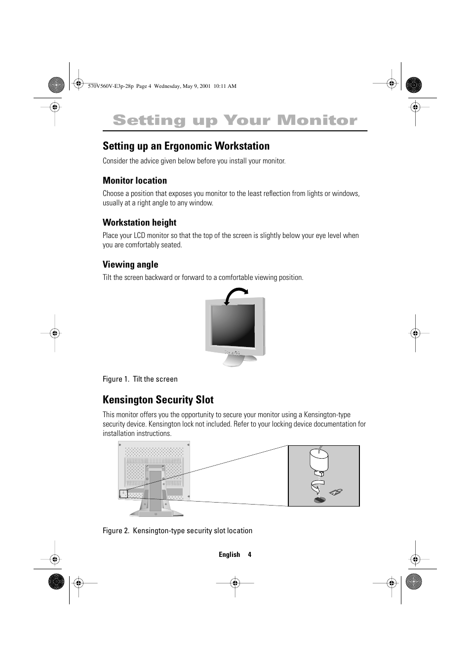 Setting up your monitor, Setting up an ergonomic workstation, Kensington security slot | Samsung 570VTFT User Manual | Page 6 / 33