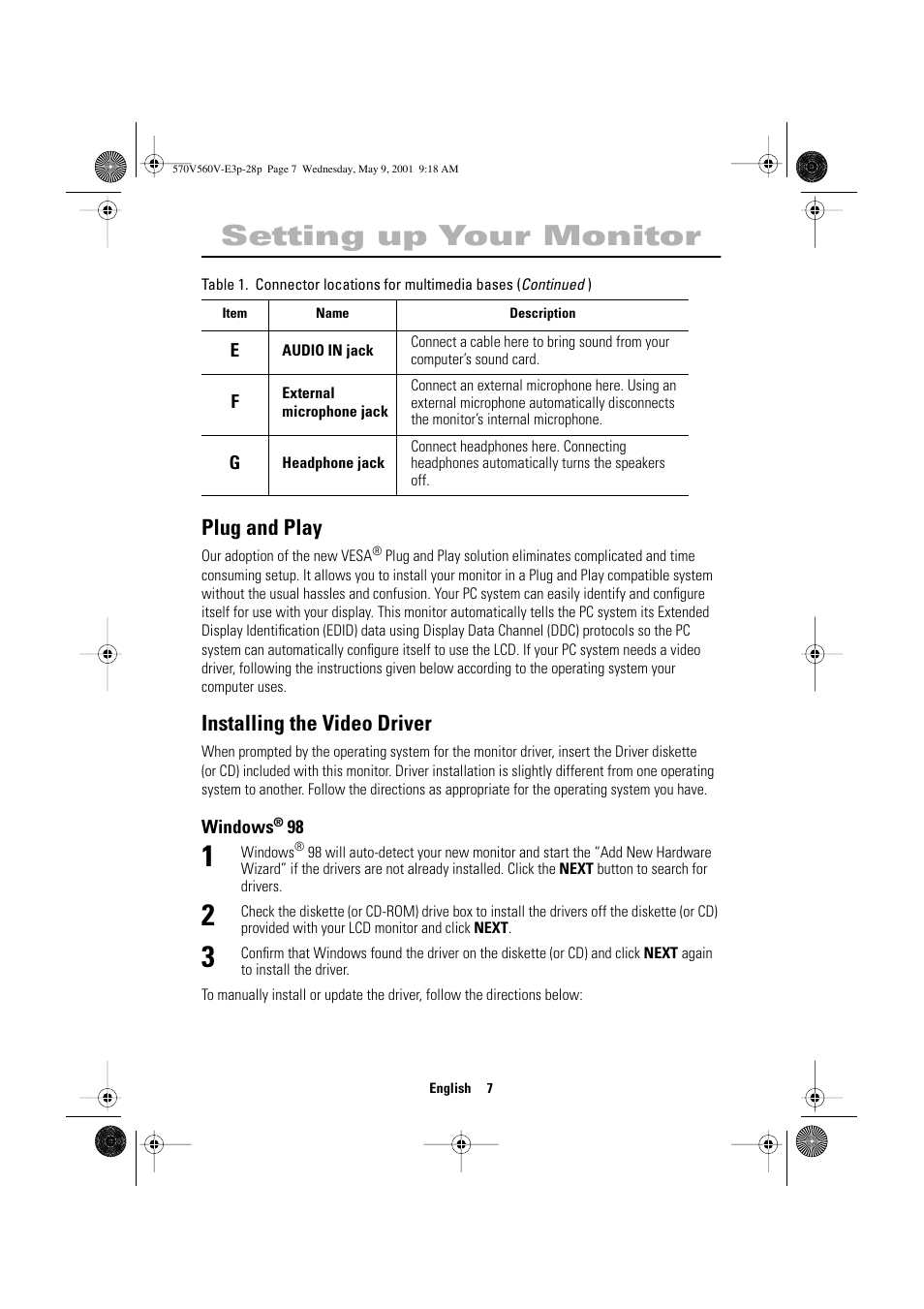 Setting up your monitor, Plug and play, Installing the video driver | Samsung 570VTFT User Manual | Page 9 / 33