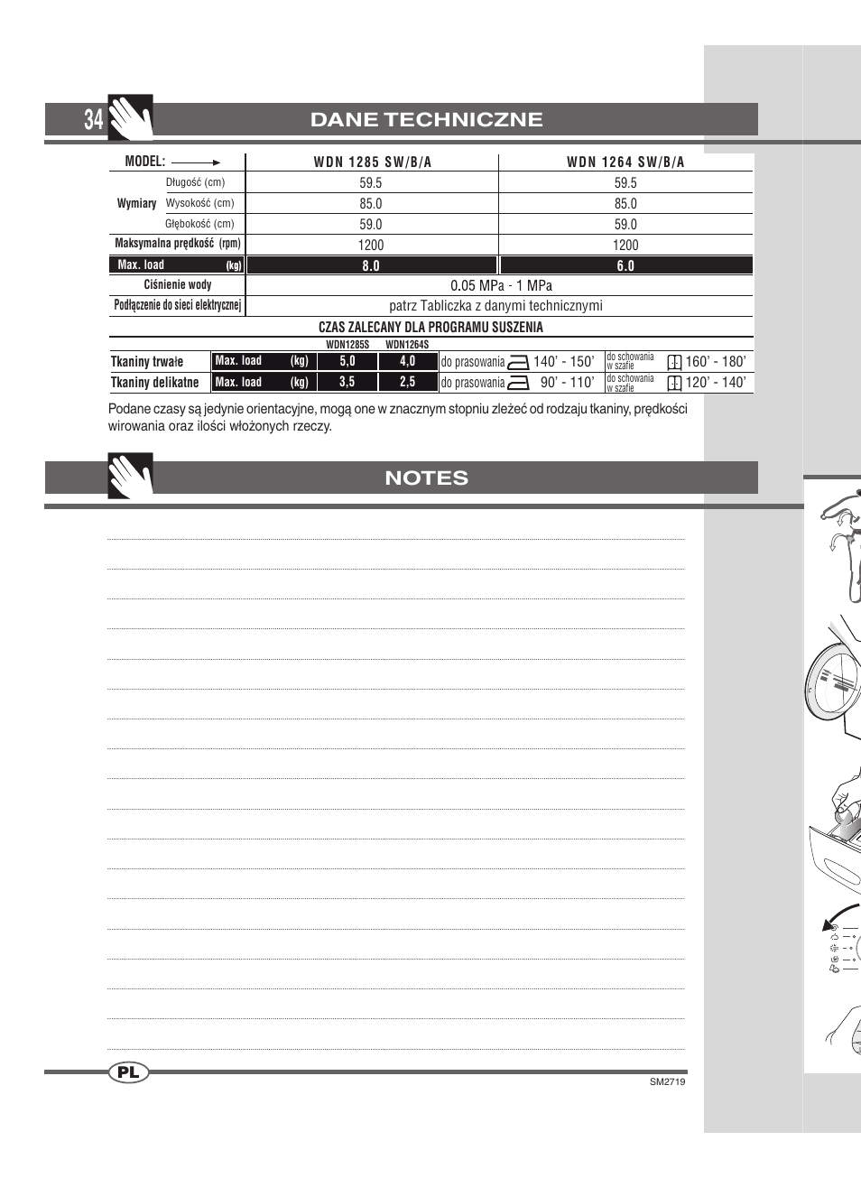 Dane techniczne | Ardo WDN 1264 SW User Manual | Page 34 / 68