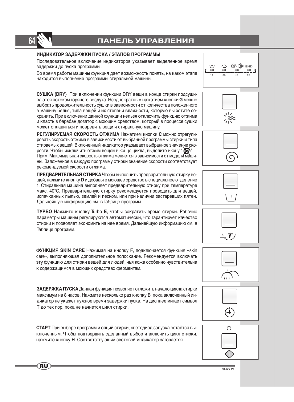 Панель управления | Ardo WDN 1264 SW User Manual | Page 64 / 68