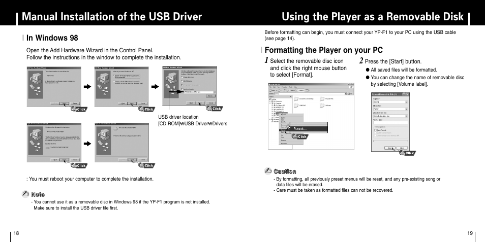 In windows 98, Using the player as a removable disk, Formatting the player on your pc | Iin windows 98, Iformatting the player on your pc | Samsung YP-F1 User Manual | Page 10 / 34