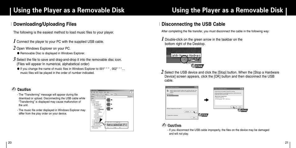 Downloading/uploading files, Disconnecting the usb cable, Using the player as a removable disk | Idisconnecting the usb cable, Idownloading/uploading files | Samsung YP-F1 User Manual | Page 11 / 34