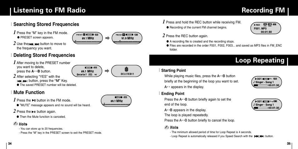 Searching stored frequencies, Deleting stored frequencies, Mute function | Recording fm, Loop repeating, Starting point, Ending point, Listening to fm radio, Imute function | Samsung YP-F1 User Manual | Page 18 / 34