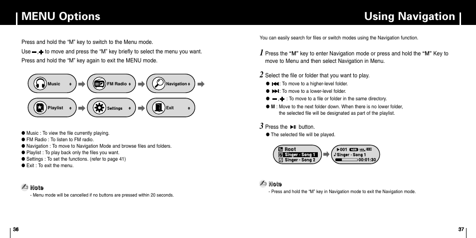 Menu options, Using navigation | Samsung YP-F1 User Manual | Page 19 / 34