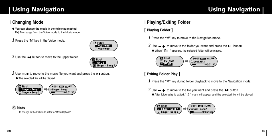 Changing mode, Playing/exiting folder, Using navigation | Iplaying/exiting folder, Ichanging mode | Samsung YP-F1 User Manual | Page 20 / 34