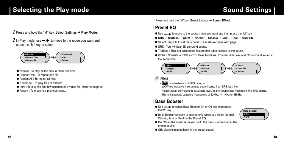 Selecting the play mode, Sound settings, Preset eq | Bass booster, Ipreset eq, Ibass booster | Samsung YP-F1 User Manual | Page 22 / 34