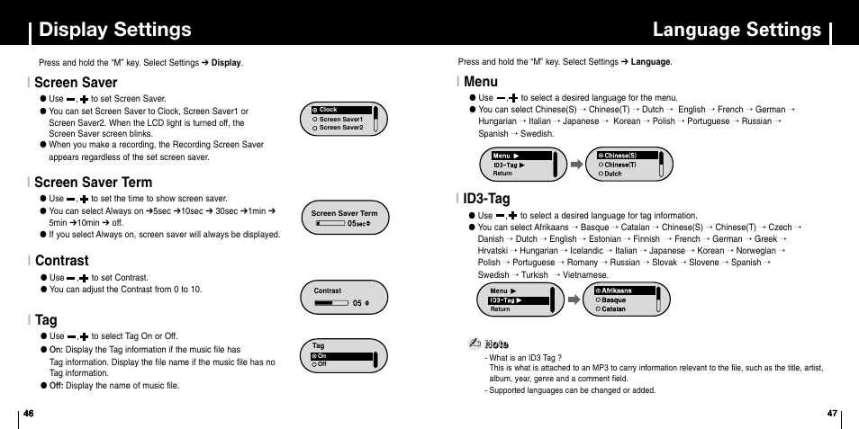 Screen saver, Screen saver term, Contrast | Language settings, Menu, Id3-tag, Display settings, Iid3-tag, Imenu, Iscreen saver | Samsung YP-F1 User Manual | Page 24 / 34