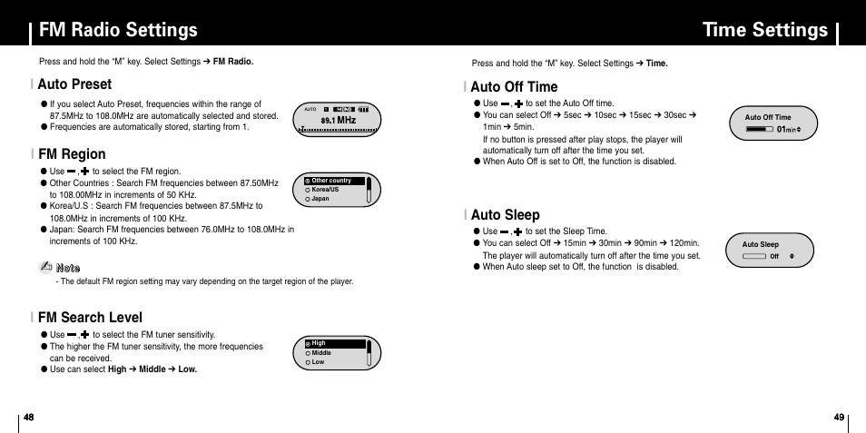 Fm radio settings, Auto preset, Fm region | Fm search level, Time settings, Auto off time, Auto sleep, Iauto off time, Iauto sleep, Iauto preset | Samsung YP-F1 User Manual | Page 25 / 34