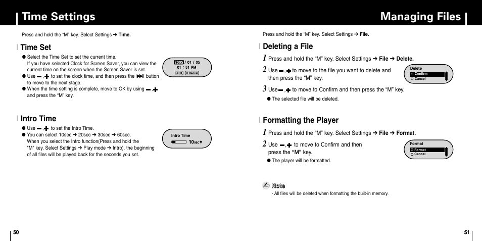 Time set, Intro time, Managing files | Deleting a file, Formatting the player, Time settings, Ideleting a file, Iformatting the player, Itime set, Iintro time | Samsung YP-F1 User Manual | Page 26 / 34