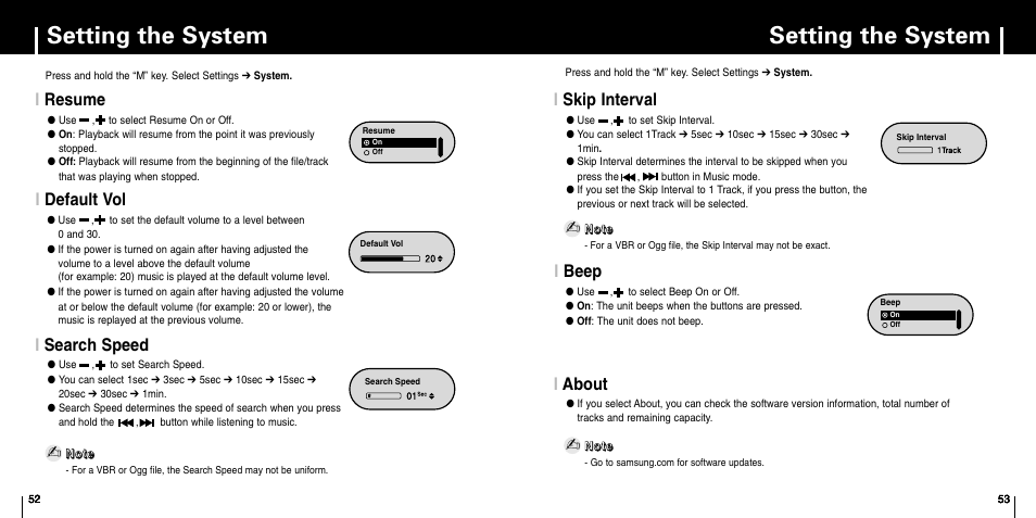 Setting the system, Resume, Default vol | Search speed, Skip interval, Beep, About, Iskip interval, Ibeep, Iabout | Samsung YP-F1 User Manual | Page 27 / 34