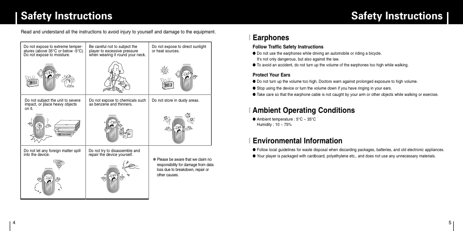 Safety instructions, Iearphones, Iambient operating conditions | Ienvironmental information | Samsung YP-F1 User Manual | Page 3 / 34