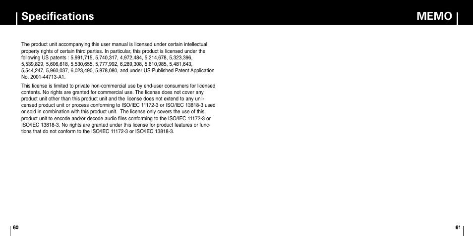 Memo, Specifications | Samsung YP-F1 User Manual | Page 31 / 34
