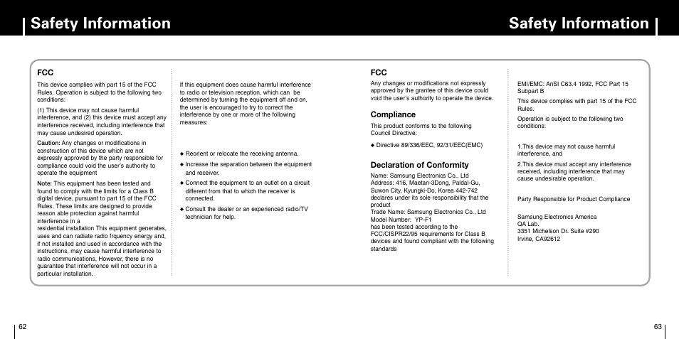Safety information | Samsung YP-F1 User Manual | Page 32 / 34