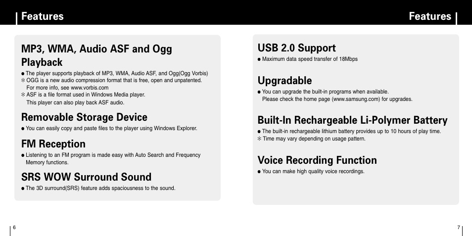 Features, Mp3, wma, audio asf and ogg playback, Removable storage device | Fm reception, Srs wow surround sound, Usb 2.0 support, Upgradable, Built-in rechargeable li-polymer battery, Voice recording function | Samsung YP-F1 User Manual | Page 4 / 34