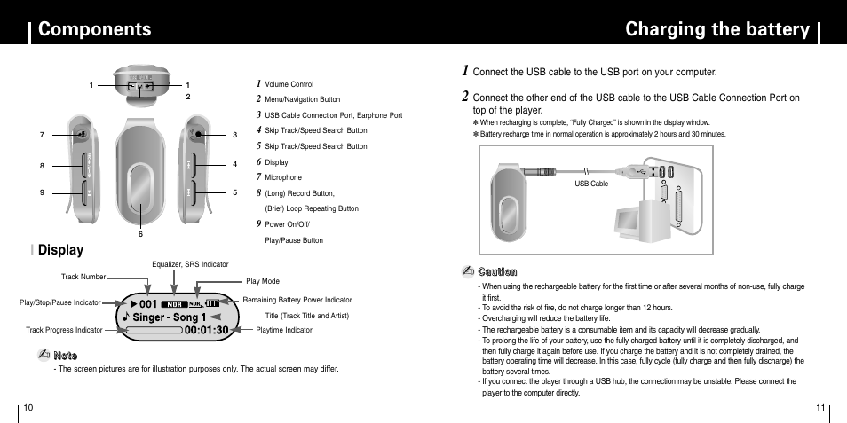 Components, Display, Charging the battery | Charging the battery components, Idisplay | Samsung YP-F1 User Manual | Page 6 / 34