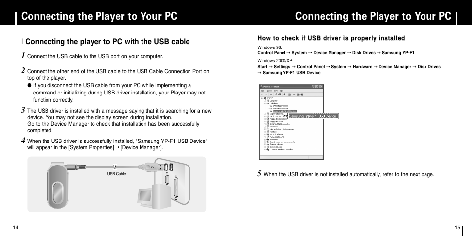 Connecting the player to pc with the usb cable, Connecting the player to your pc | Samsung YP-F1 User Manual | Page 8 / 34