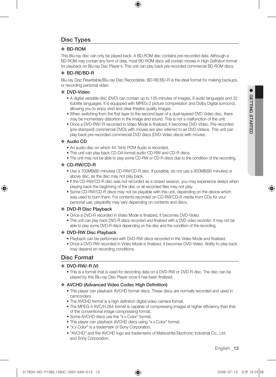 Disc types, Disc format | Samsung BD-P1590C User Manual | Page 13 / 97